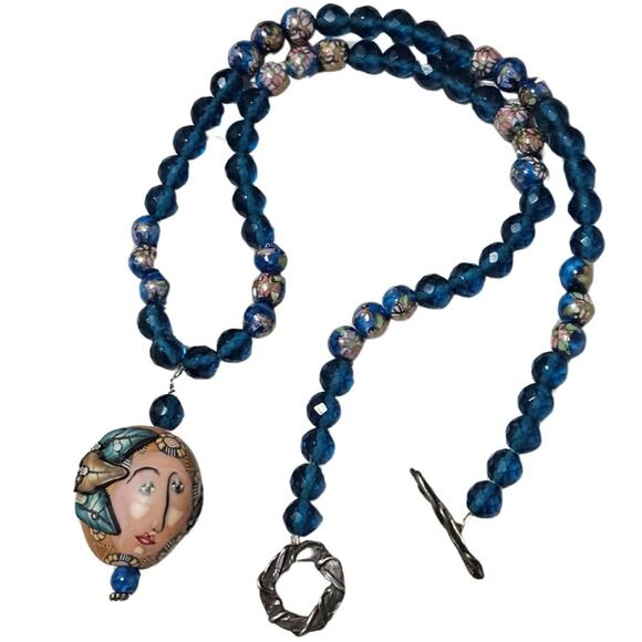 1980s Blue Artisan Crafted Polymer Clay Bead Face Pull Through Closure Necklace - Picture 4 of 7